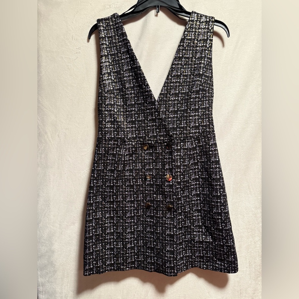 Elegant Black, White & Gold Tweed Dress